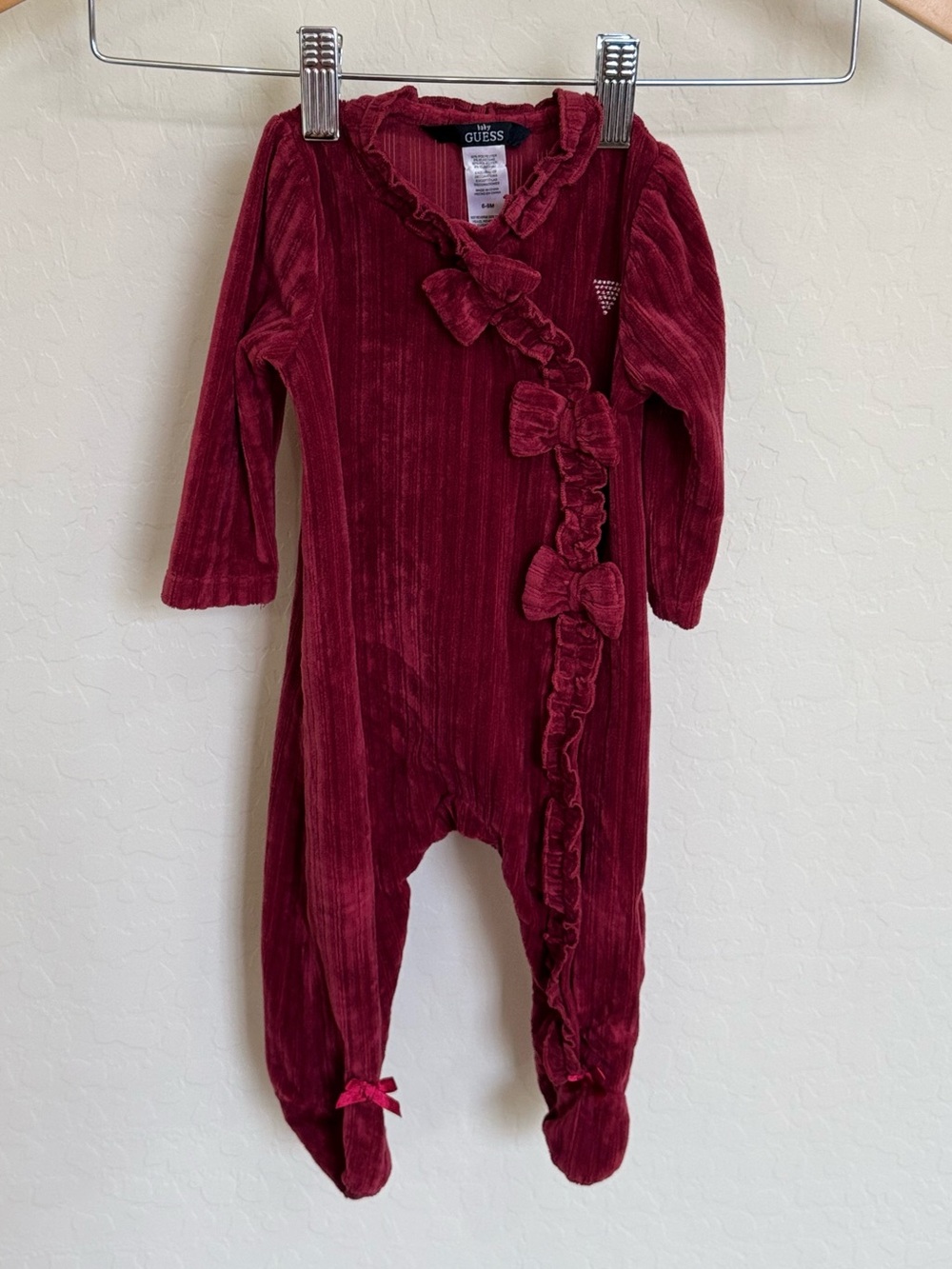 Baby Guess Burgundy Velour Ruffle Footie Romper Size 6-9M Luxury Holiday Cozy